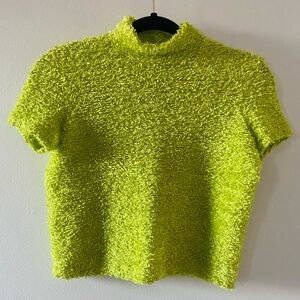 STRETCHY CROPPED VINTAGE FUZZY LIME GREEN MOCK NECK SHORT SLEEVE TOP